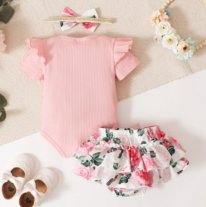 The Alice - Baby Girl Pink Ruffle Short Sleeved Romper + Shorts + Headband