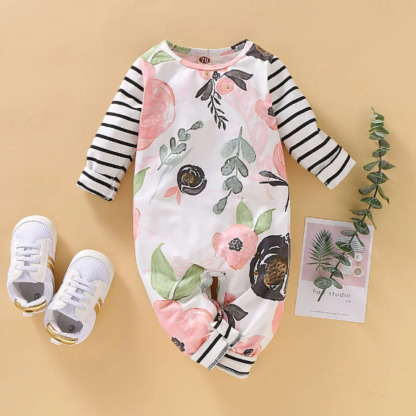 The Claire - Baby Girl Floral Stiped Long Sleeve Jumpsuit