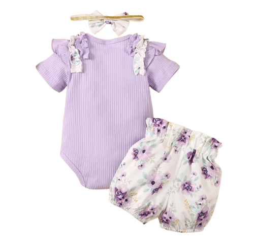 The Sadie - Baby Girl Purple Short Sleeve Romper + Floral Shorts + Headband