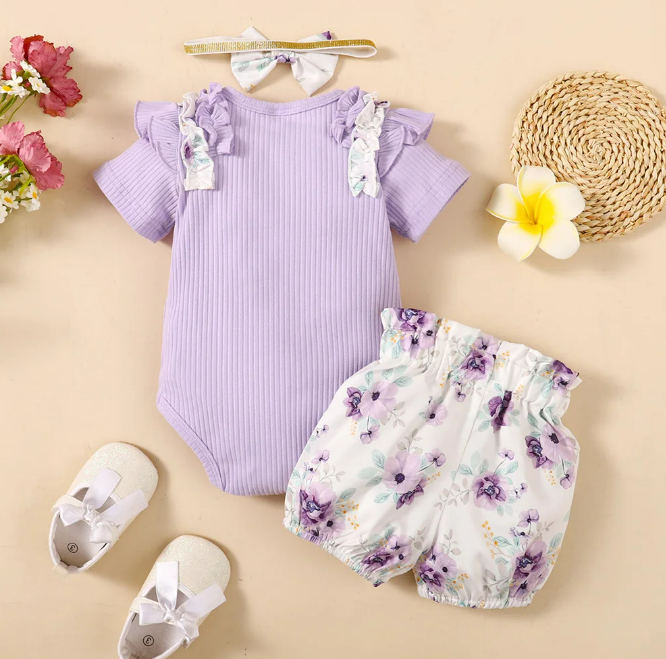 The Sadie - Baby Girl Purple Short Sleeve Romper + Floral Shorts + Headband