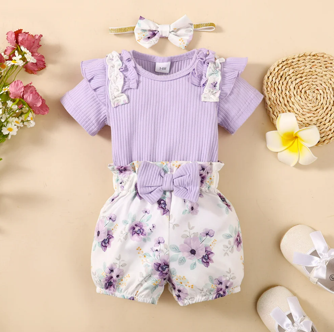 The Sadie - Baby Girl Purple Short Sleeve Romper + Floral Shorts + Headband