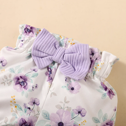 The Sadie - Baby Girl Purple Short Sleeve Romper + Floral Shorts + Headband