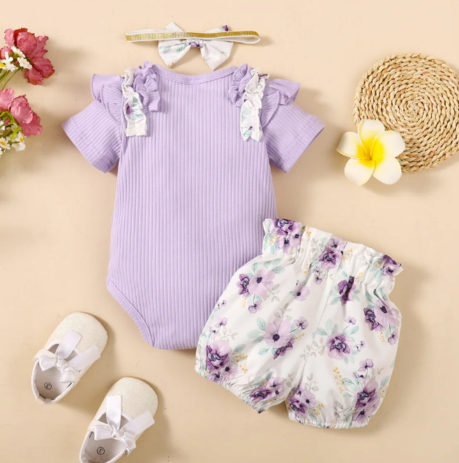 The Sadie - Baby Girl Purple Short Sleeve Romper + Floral Shorts + Headband