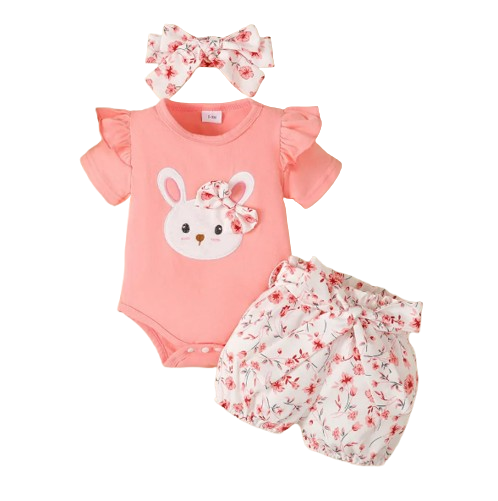 The Josephine - Baby Girl Ruffled Sleeve Rabbit Design Tops + Floral Short + Headband