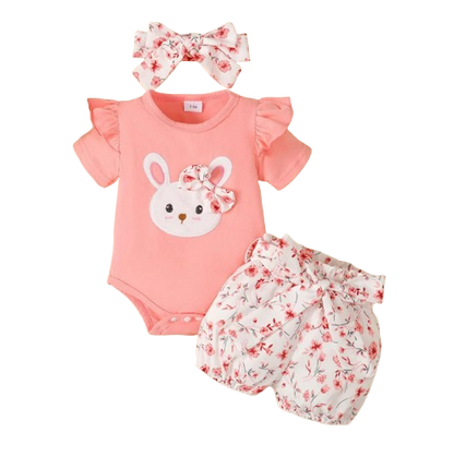 The Josephine - Baby Girl Ruffled Sleeve Rabbit Design Tops + Floral Short + Headband