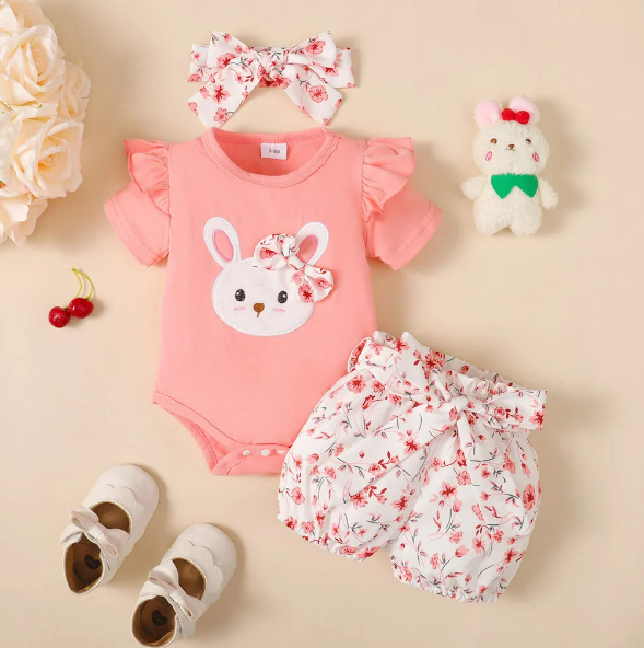 The Josephine - Baby Girl Ruffled Sleeve Rabbit Design Tops + Floral Short + Headband