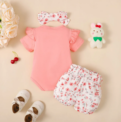 The Josephine - Baby Girl Ruffled Sleeve Rabbit Design Tops + Floral Short + Headband