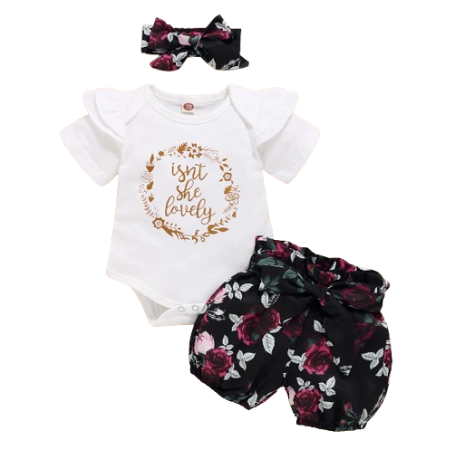 The Brooklyn - Baby Girl Isn't She Lovely Print Tops + Floral Black Shorts + Headband