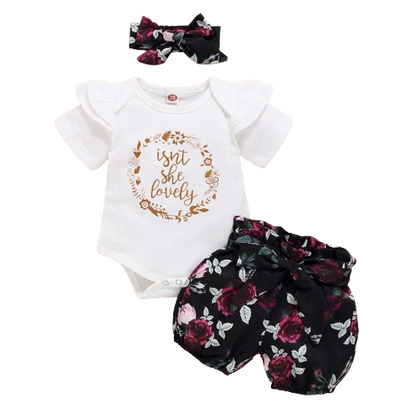 The Brooklyn - Baby Girl Isn't She Lovely Print Tops + Floral Black Shorts + Headband