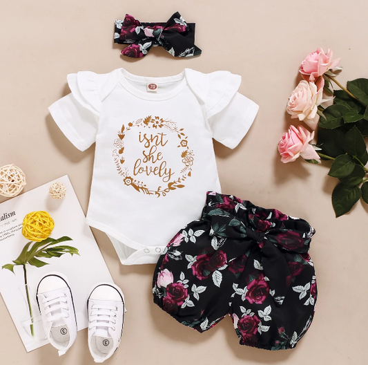 The Brooklyn - Baby Girl Isn't She Lovely Print Tops + Floral Black Shorts + Headband