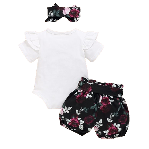 The Brooklyn - Baby Girl Isn't She Lovely Print Tops + Floral Black Shorts + Headband