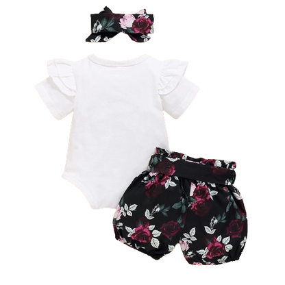 The Brooklyn - Baby Girl Isn't She Lovely Print Tops + Floral Black Shorts + Headband