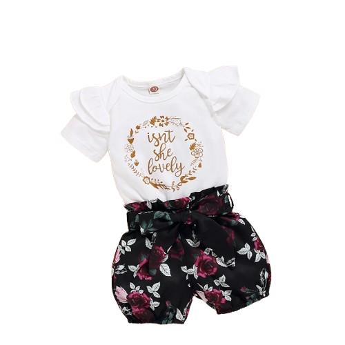 The Brooklyn - Baby Girl Isn't She Lovely Print Tops + Floral Black Shorts + Headband