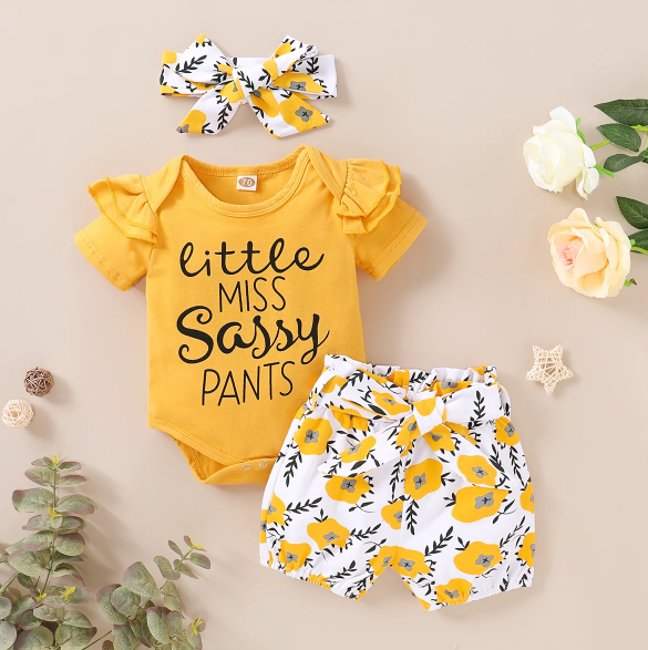 The Malia - Baby Girl Yellow Short Sleeve Crew Neck Tops + Floral Shorts + Headband