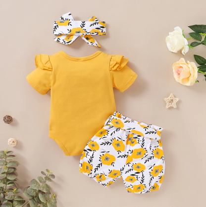 The Malia - Baby Girl Yellow Short Sleeve Crew Neck Tops + Floral Shorts + Headband