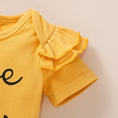 The Malia - Baby Girl Yellow Short Sleeve Crew Neck Tops + Floral Shorts + Headband