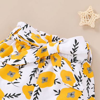 The Malia - Baby Girl Yellow Short Sleeve Crew Neck Tops + Floral Shorts + Headband