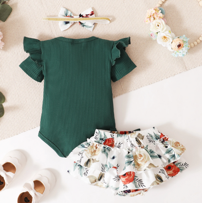 The Miriam - Baby Girl Green Short Sleeve Top + Floral Shorts + Headband