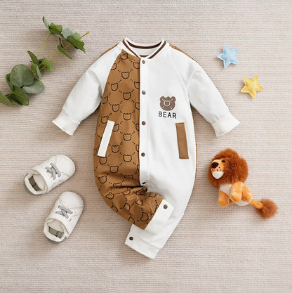 The Evan - Unisex Baby Bear Print White & Brown Bodysuit