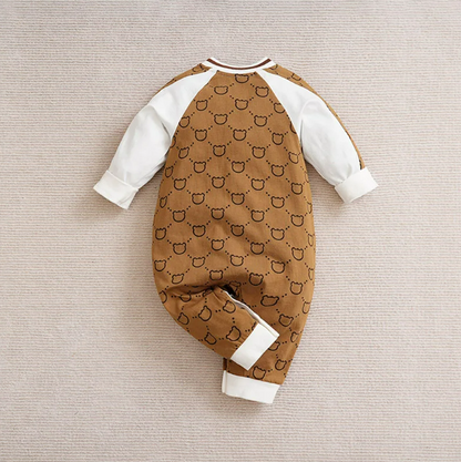 The Evan - Unisex Baby Bear Print White & Brown Bodysuit