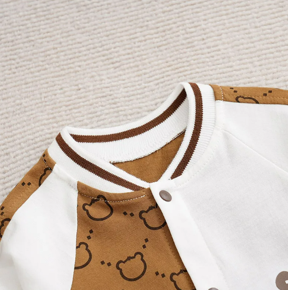 The Evan - Unisex Baby Bear Print White & Brown Bodysuit