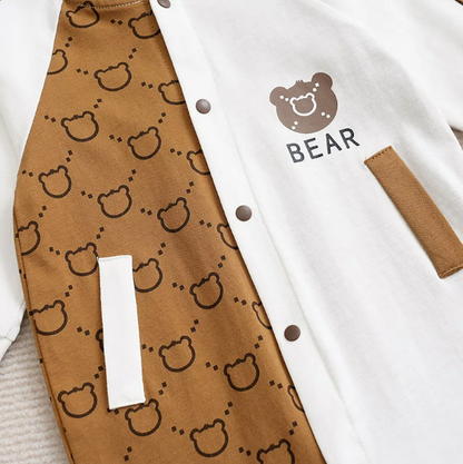 The Evan - Unisex Baby Bear Print White & Brown Bodysuit