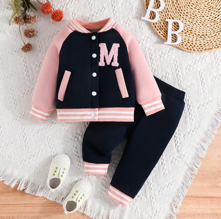 The Ophelia - Baby Girl Pink Letter M Baseball Button Jacket + Pants