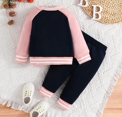 The Ophelia - Baby Girl Pink Letter M Baseball Button Jacket + Pants