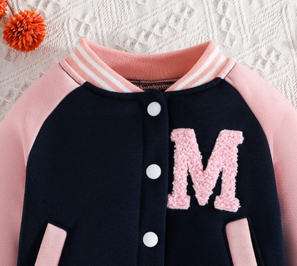 The Ophelia - Baby Girl Pink Letter M Baseball Button Jacket + Pants