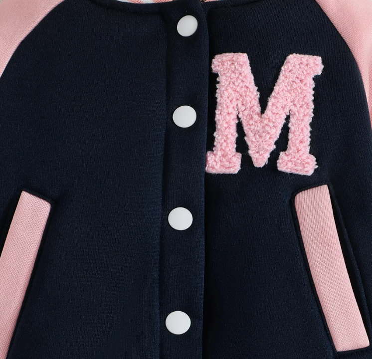 The Ophelia - Baby Girl Pink Letter M Baseball Button Jacket + Pants