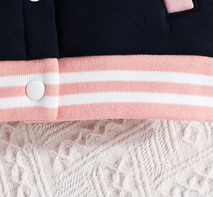 The Ophelia - Baby Girl Pink Letter M Baseball Button Jacket + Pants