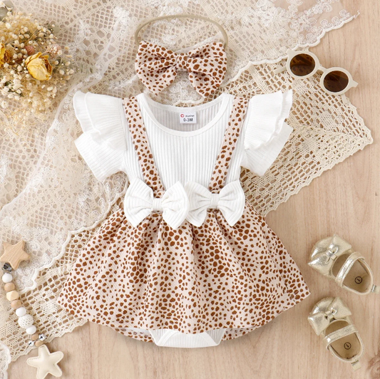 The Miranda - Baby Girl Leopard Print Ruffle Trim Bow Short Sleeve Romper + Headband