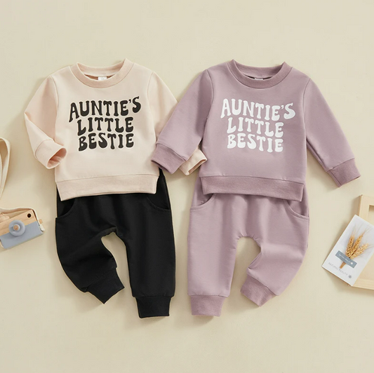 The Colton - Baby Unisex "Auntie's Little Bestie" Casual Print Pullover Top + Pants