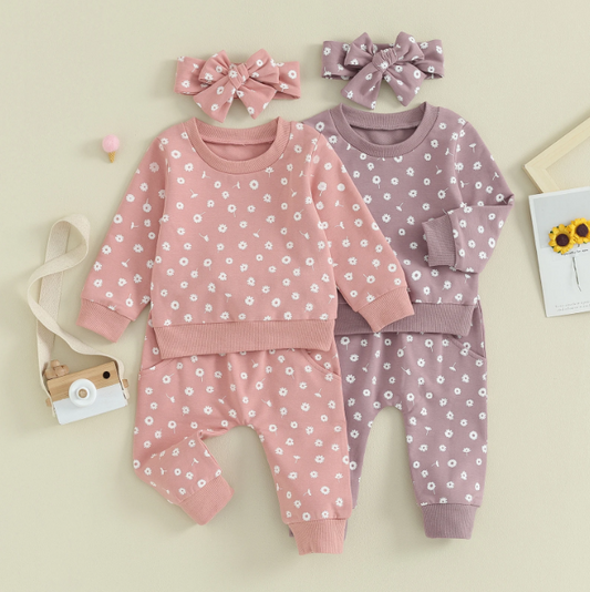 The Magnolia - Baby Girl Flower Print Sweatshirt + Pants + Headband