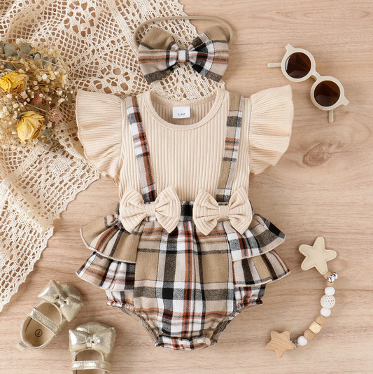 The Evangeline - Baby Girl Brown Ruffle Sleeve Plaid Romper & Headband