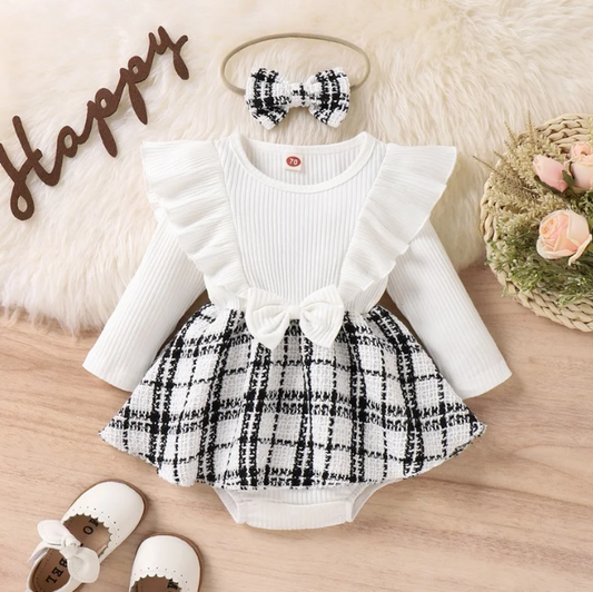 The Aspen - Baby Girl White Ruffle Sleeve Plaid Romper & Headband