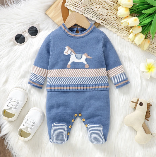 The Grayson - Baby Boy Blue Horse Print Crew Neck Long Sleeve Knitted Romper