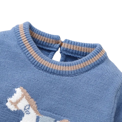 The Grayson - Baby Boy Blue Horse Print Crew Neck Long Sleeve Knitted Romper