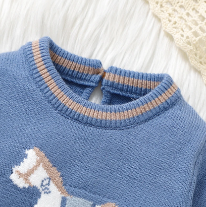 The Grayson - Baby Boy Blue Horse Print Crew Neck Long Sleeve Knitted Romper