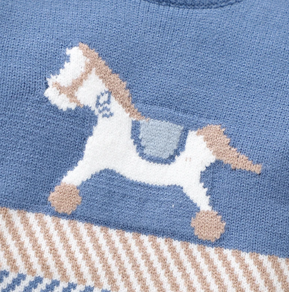 The Grayson - Baby Boy Blue Horse Print Crew Neck Long Sleeve Knitted Romper