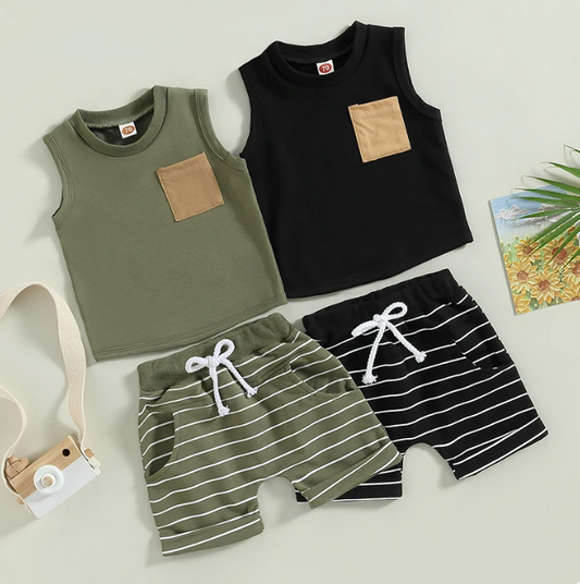 The Anthony - Baby Boy Casual Sleeveless Pocket Tank Tops + Striped Pocket Shorts