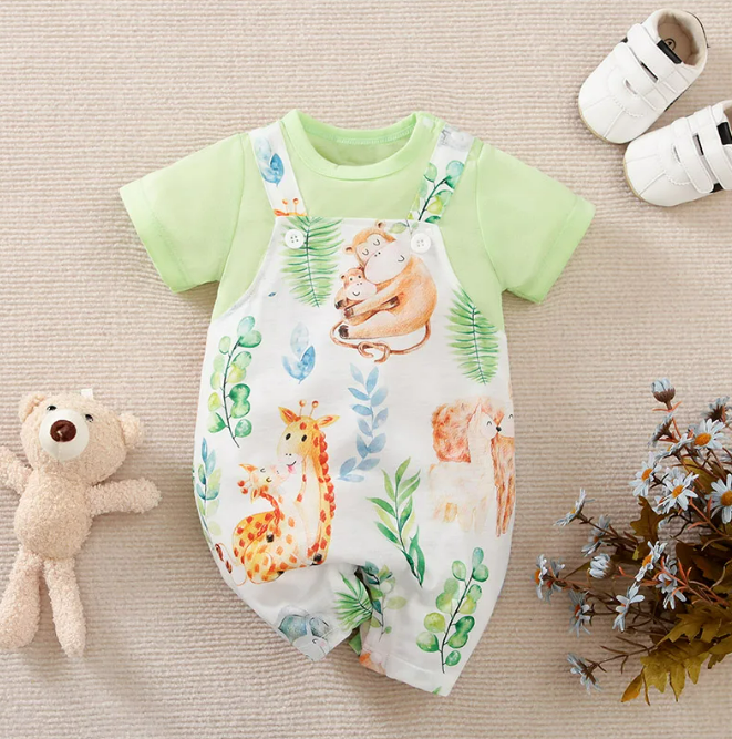 The Vera - Baby Unisex Green Animal Print Short Sleeve Romper