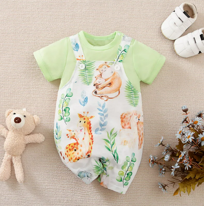 The Vera - Baby Unisex Green Animal Print Short Sleeve Romper