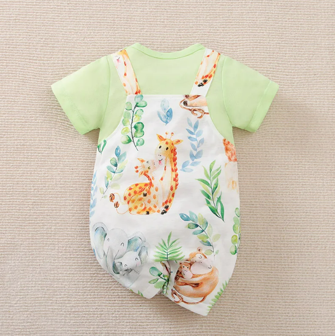 The Vera - Baby Unisex Green Animal Print Short Sleeve Romper