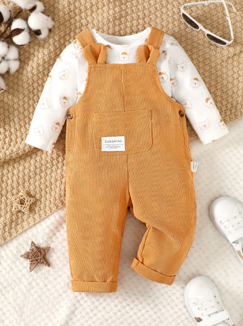 The Wesley -  Baby Boy Orange Bear Print Long Sleeve Bodysuit + Strap