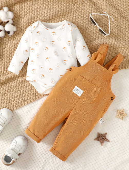 The Wesley -  Baby Boy Orange Bear Print Long Sleeve Bodysuit + Strap