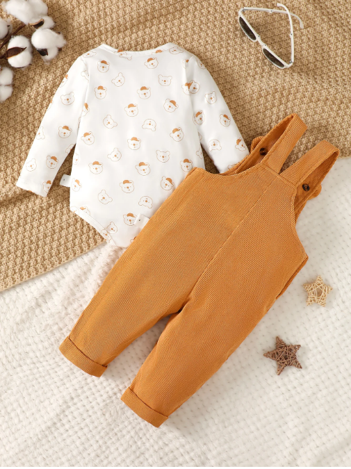 The Wesley -  Baby Boy Orange Bear Print Long Sleeve Bodysuit + Strap