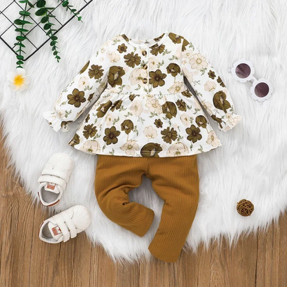 The Rosalie - Baby Girl Brown Floral Long Sleeve Tops + Pants