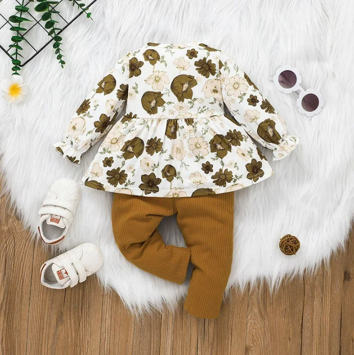 The Rosalie - Baby Girl Brown Floral Long Sleeve Tops + Pants