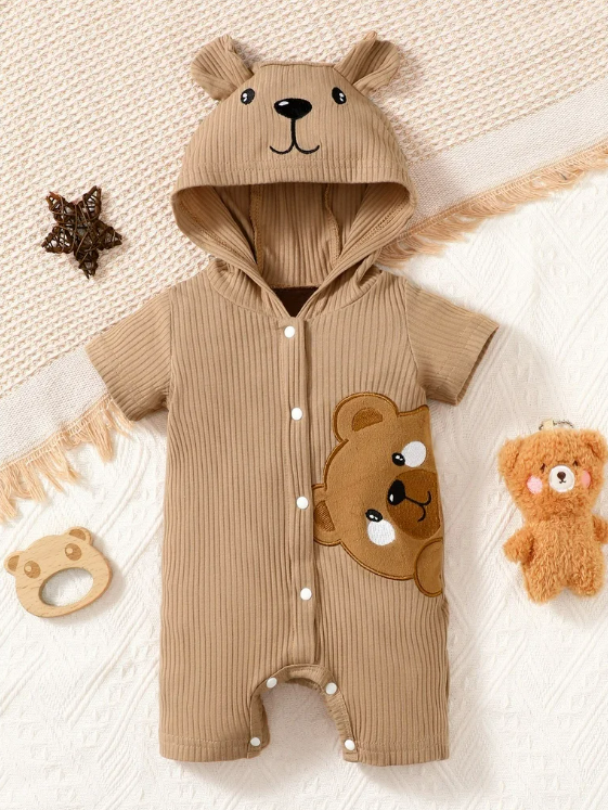 The Nicolas - Baby Boy Brown Bear Print Hoodie Jumpsuit